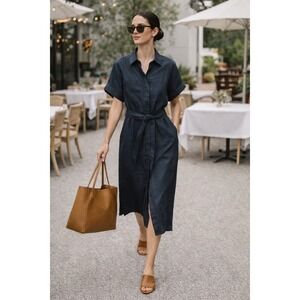 Cefinn Shirt Dress Blue Midi Belted Button Front Short Sleeve Size US 8